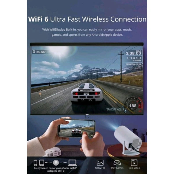 HD Android 11 Projector WiFi 6/BT 5.0 180° Rotation Auto Keystone (4500 Im /1 Speaker /Wireless / Remote Controller) Portable Projector (White