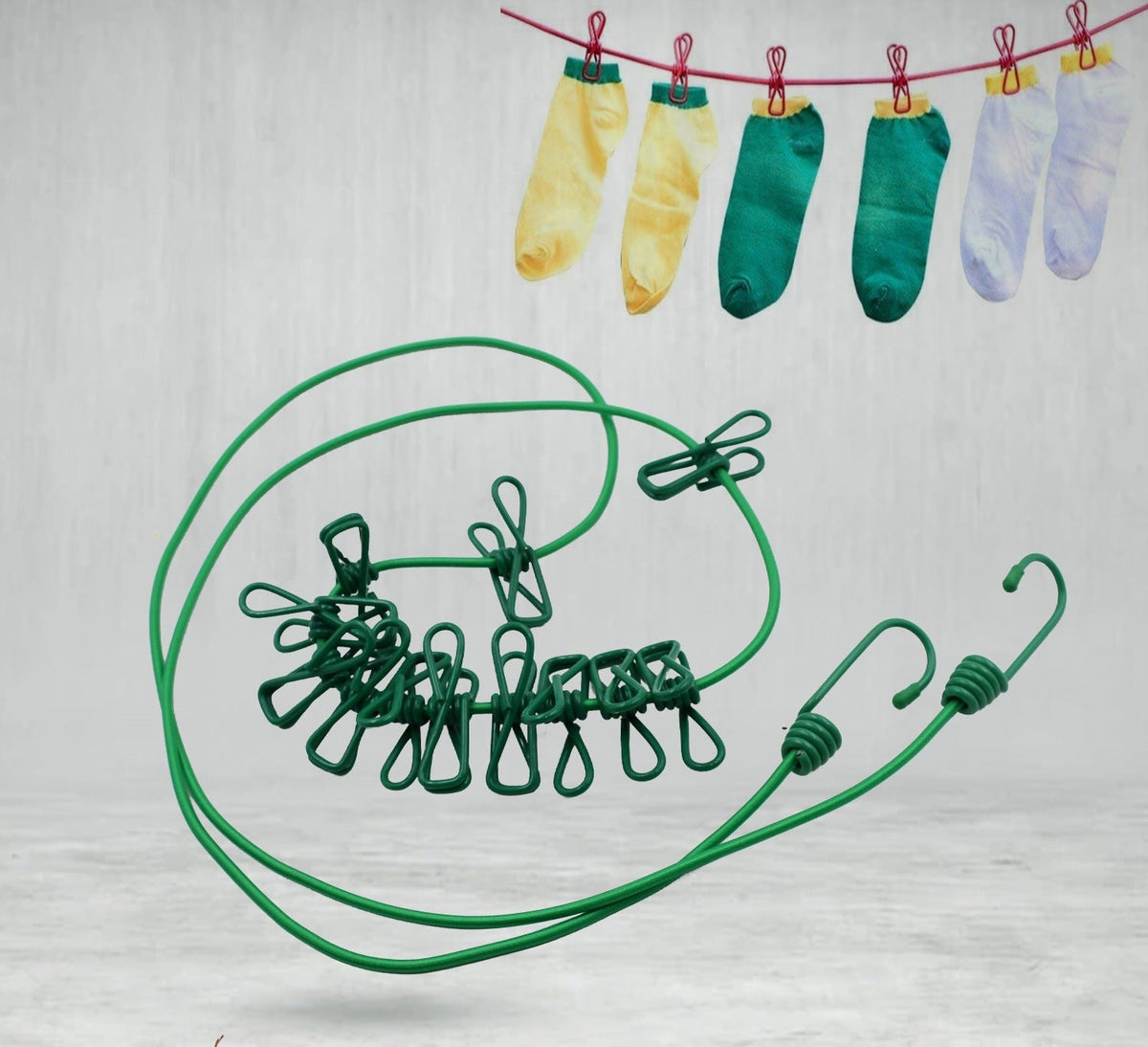 Elastic Cloth Drying Rope With 12 Metal Clip Portable Clothes Line For Home Travel