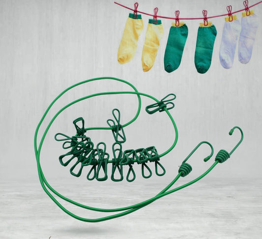 Elastic Cloth Drying Rope With 12 Metal Clip Portable Clothes Line For Home Travel