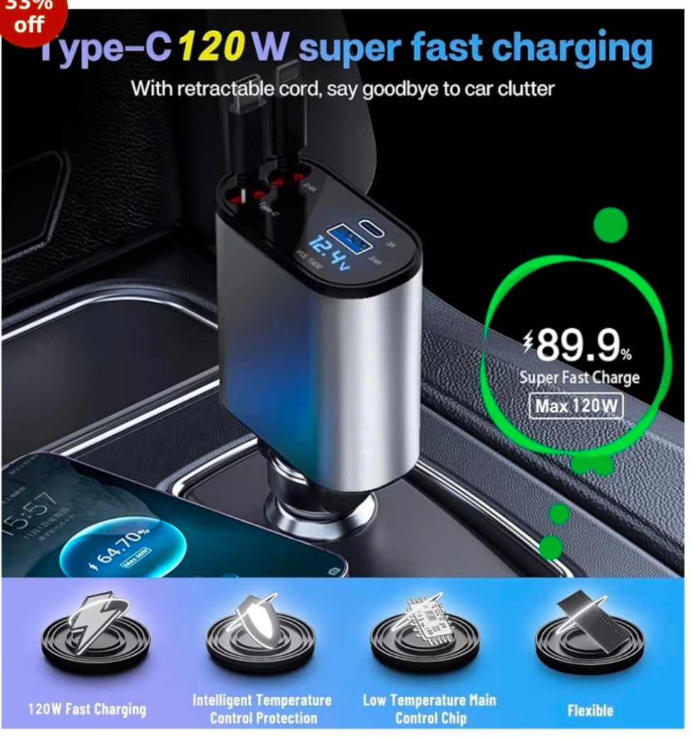 120W 4 in 1 Retractable Car Charger Socket New 2025,Multi USB Car Charger Type C Adapter with Dual Ports, car Mobile Charger Compatible with Android Phones & iPhone 16/15/14/13/12/11 Pro Max