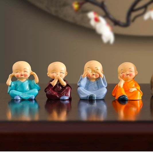 Set of 4 Baby Monk Buddha Figurines See No Evil, Hear No Evil, Speak No Evil, Think No Evil ? Resin Miniature Showpiece for Car Dashboard, Home & Office Decor ? Multicolor