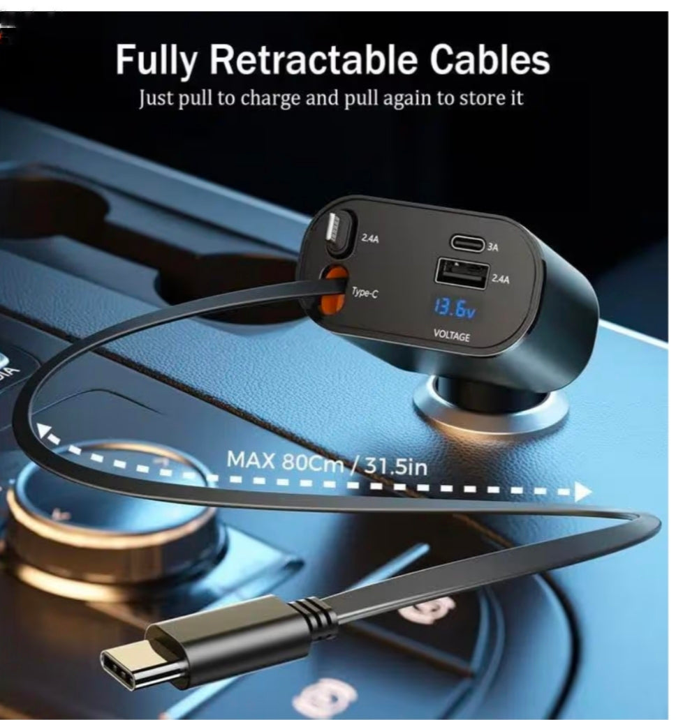120W 4 in 1 Retractable Car Charger Socket New 2025,Multi USB Car Charger Type C Adapter with Dual Ports, car Mobile Charger Compatible with Android Phones & iPhone 16/15/14/13/12/11 Pro Max