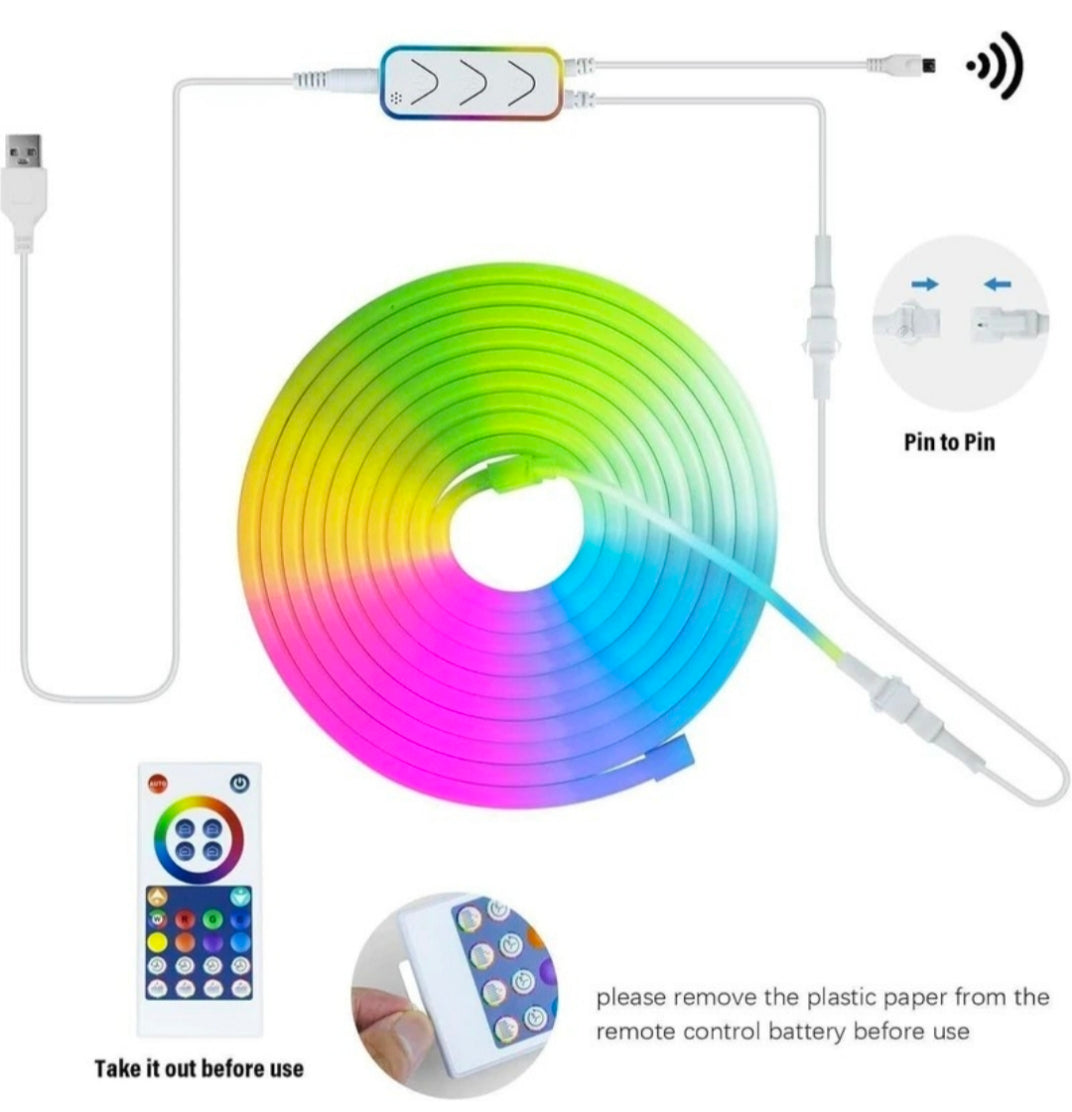 5 Meter USB Powered Flexible Smart RGBIC Neon Flex LED Strip Lights with App & Remote-Control, Music Sync LED Strip, Silicone Rope Light for Home Decoration, Diwali, Christmas