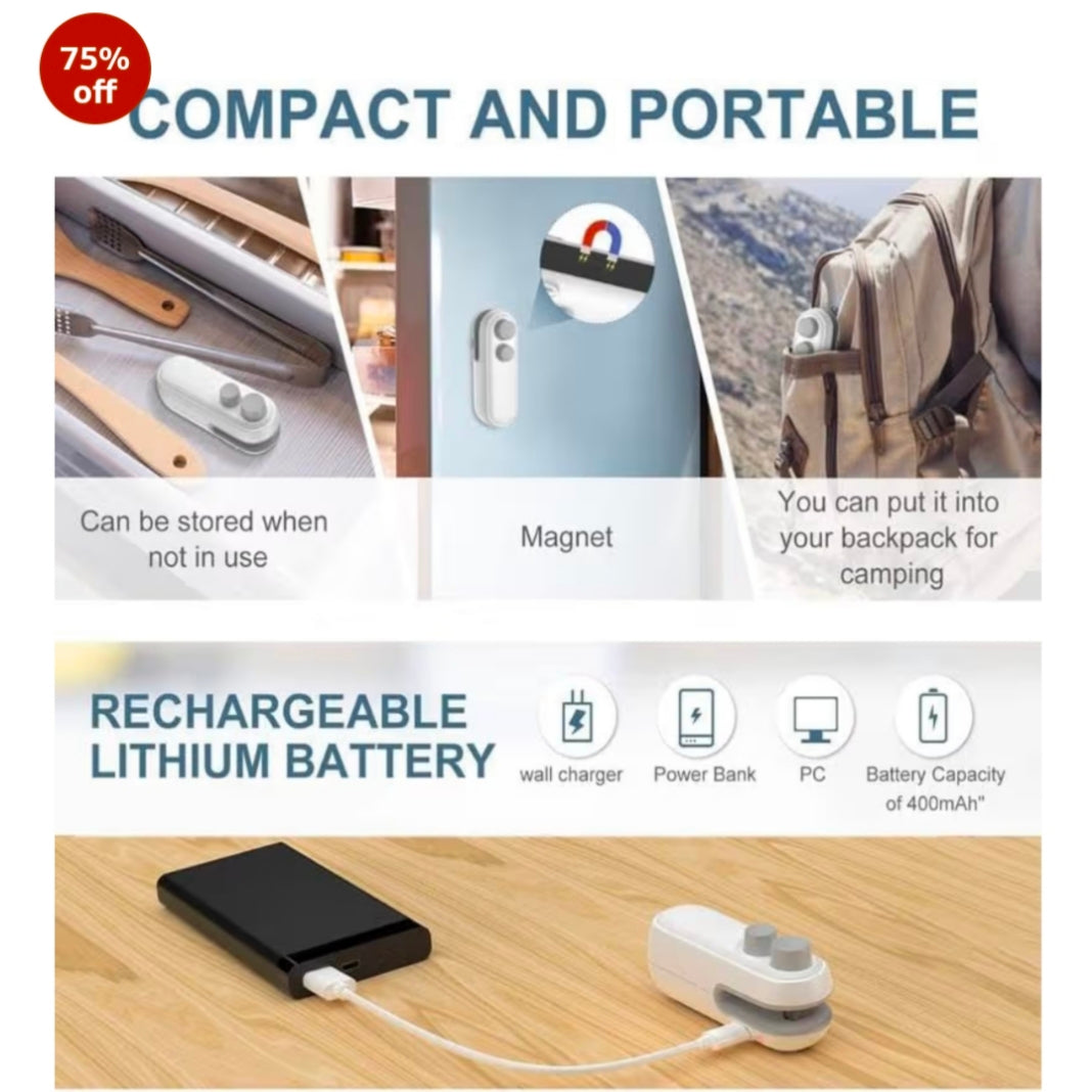 Portable Plastic Bag Sealing Machine | Mini Bag Sealer with Cutter and Magnet | Packet Sealer for Food, Chips, Snacks, Traveling Food Packets Bags (Rechargeable) 1Pcs (Black)