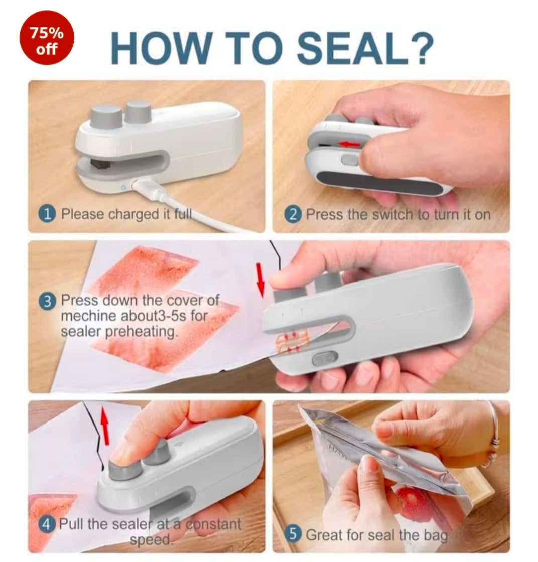 Portable Plastic Bag Sealing Machine | Mini Bag Sealer with Cutter and Magnet | Packet Sealer for Food, Chips, Snacks, Traveling Food Packets Bags (Rechargeable) 1Pcs (Black)