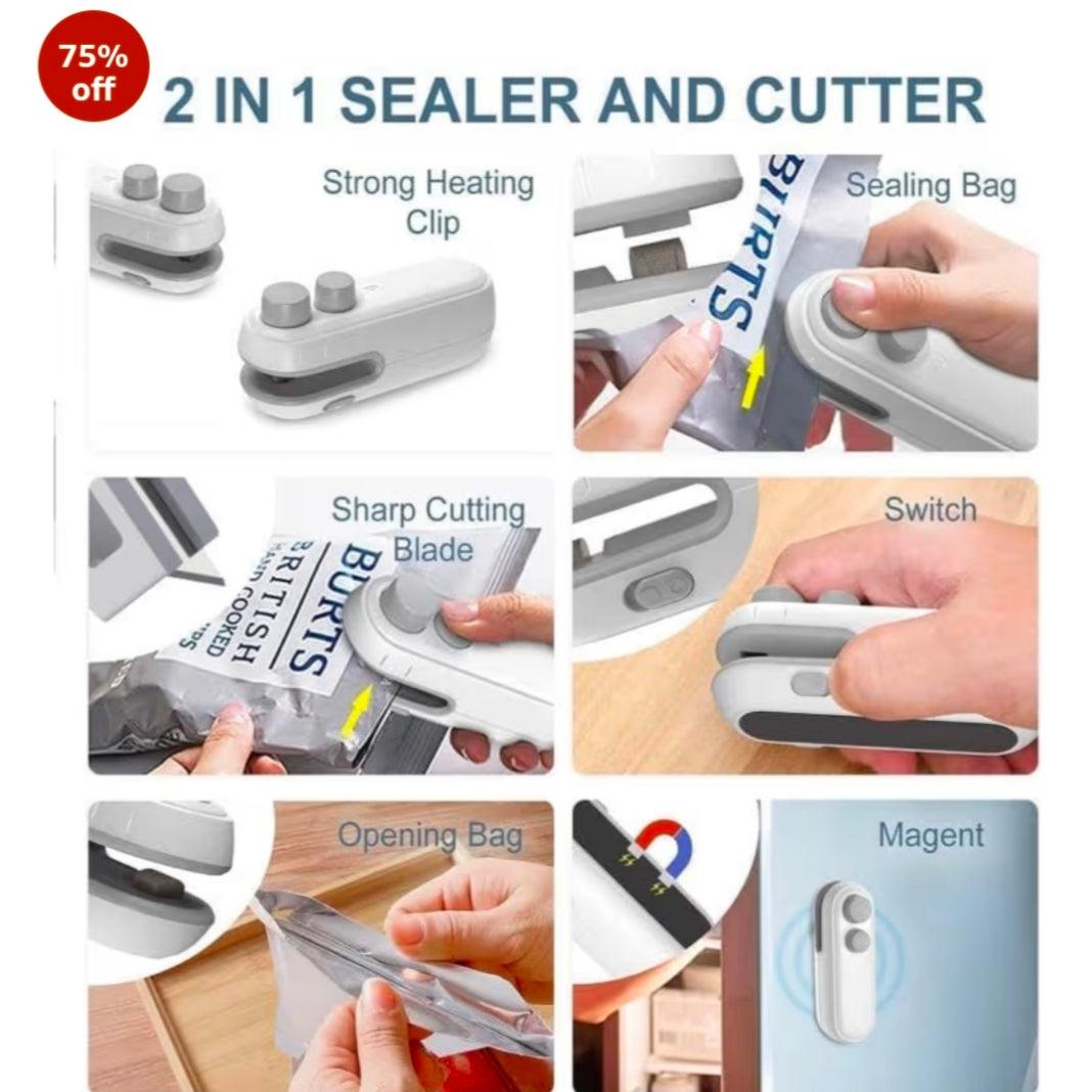 Portable Plastic Bag Sealing Machine | Mini Bag Sealer with Cutter and Magnet | Packet Sealer for Food, Chips, Snacks, Traveling Food Packets Bags (Rechargeable) 1Pcs (Black)