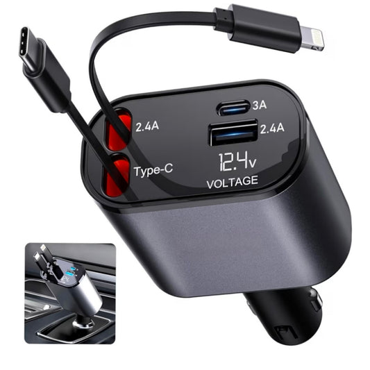 120W 4 in 1 Retractable Car Charger Socket New 2025,Multi USB Car Charger Type C Adapter with Dual Ports, car Mobile Charger Compatible with Android Phones & iPhone 16/15/14/13/12/11 Pro Max