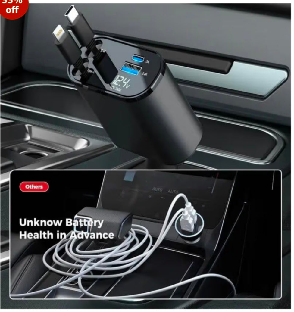 120W 4 in 1 Retractable Car Charger Socket New 2025,Multi USB Car Charger Type C Adapter with Dual Ports, car Mobile Charger Compatible with Android Phones & iPhone 16/15/14/13/12/11 Pro Max