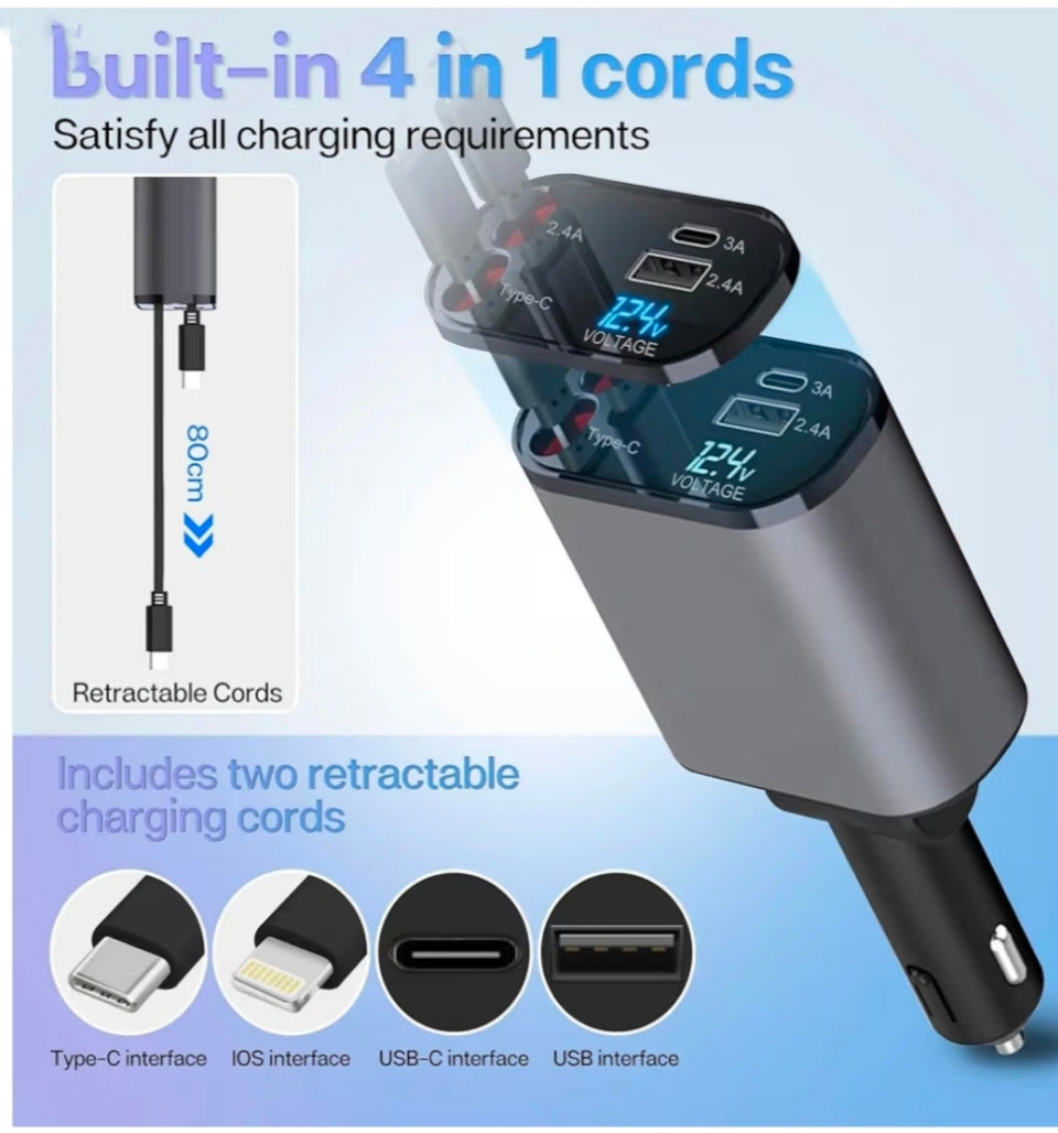 120W 4 in 1 Retractable Car Charger Socket New 2025,Multi USB Car Charger Type C Adapter with Dual Ports, car Mobile Charger Compatible with Android Phones & iPhone 16/15/14/13/12/11 Pro Max